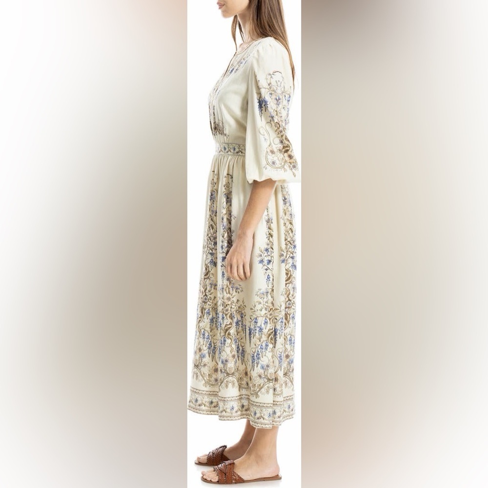Floral Print Balloon Sleeve Maxi linen Dress long sleeve - Picture 8 of 10